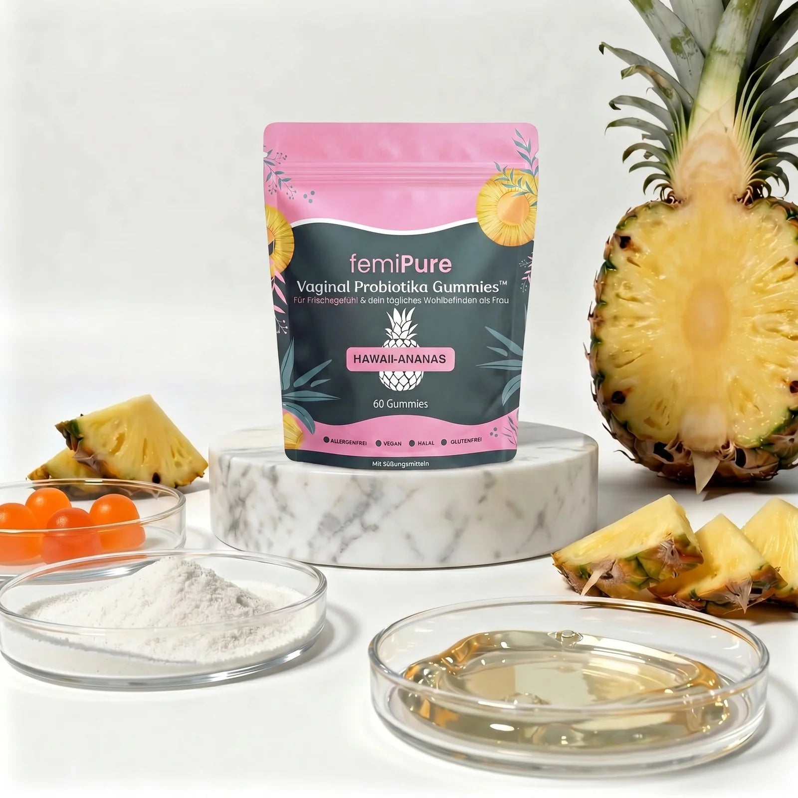 femiPure Vaginal Probiotika Pack mit Hawaii-Ananas und Inhaltsstoffen